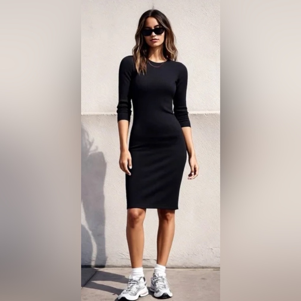 Lush Black Ribbed Three Quarter Sleeve Casual Midi Dress M Medium